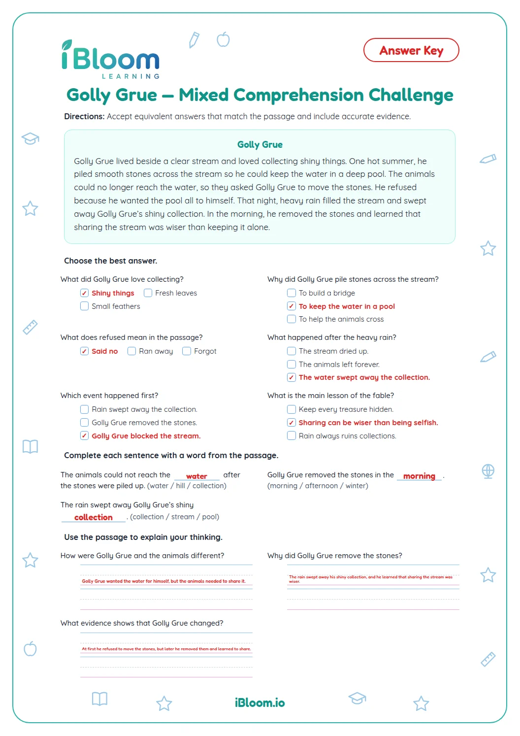 Golly Grue — Mixed Comprehension Challenge Worksheet | iBloom