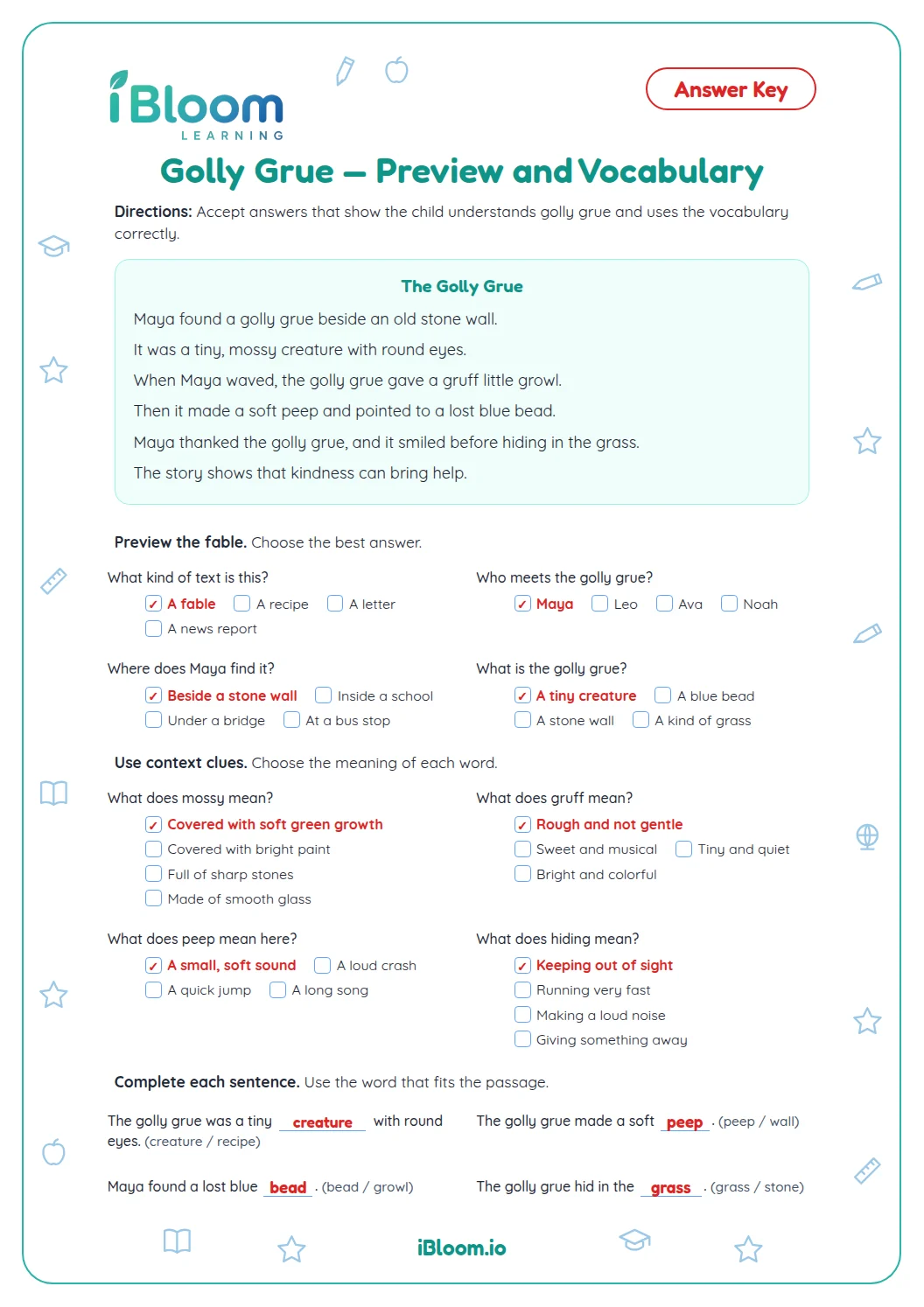 Golly Grue — Preview and Vocabulary Worksheet | iBloom