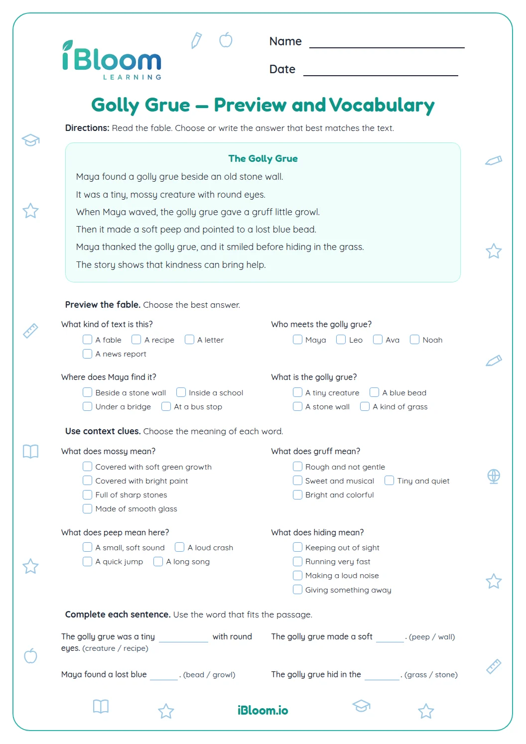 Golly Grue — Preview and Vocabulary Worksheet | iBloom