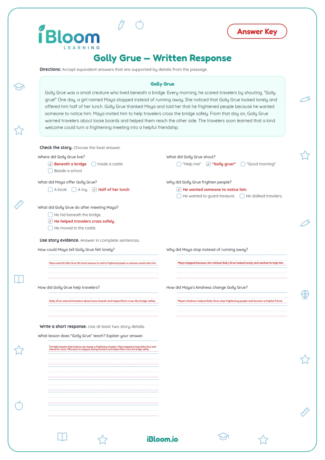 Golly Grue — Written Response Worksheet | iBloom