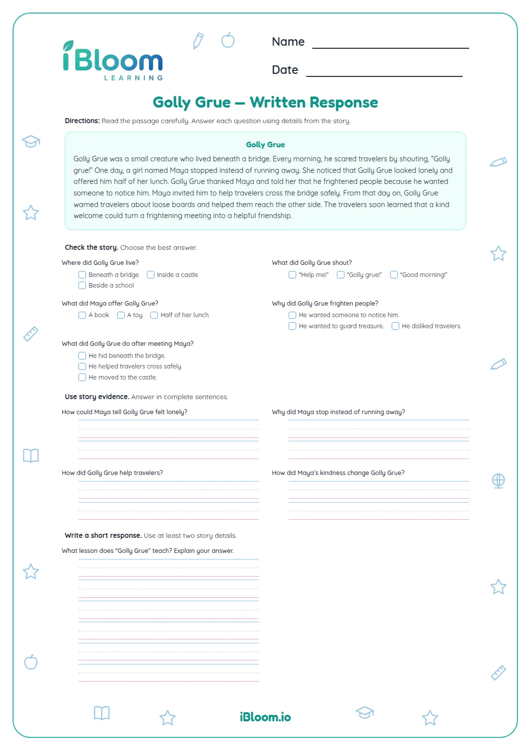 Golly Grue — Written Response Worksheet | iBloom
