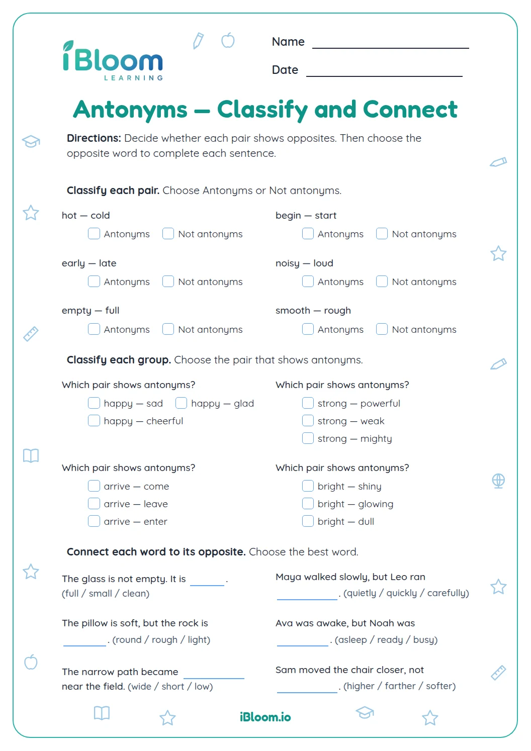 Antonyms — Vocabulary Reasoning Review Worksheet | iBloom