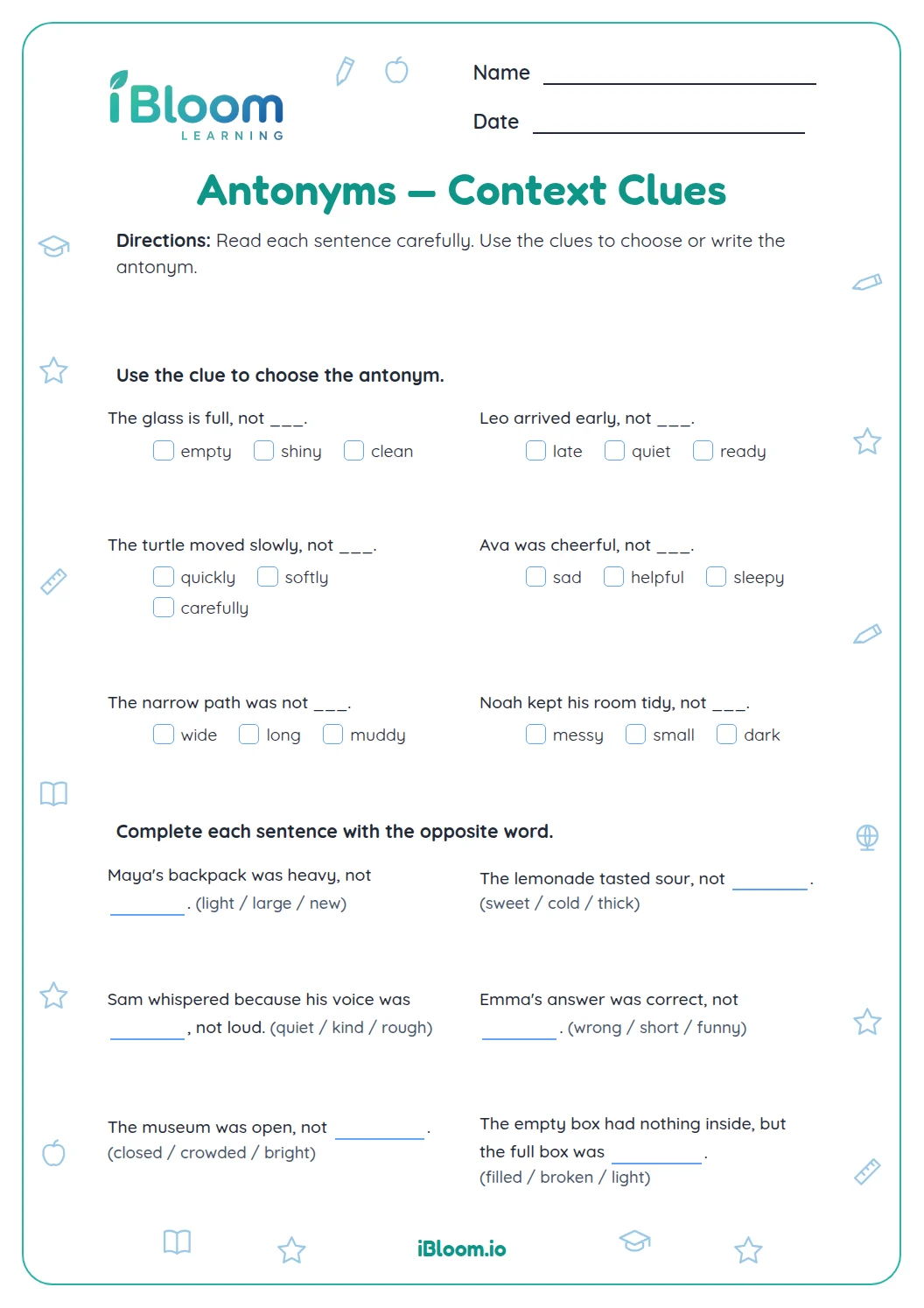 Antonyms — Vocabulary Reasoning Review Worksheet | iBloom