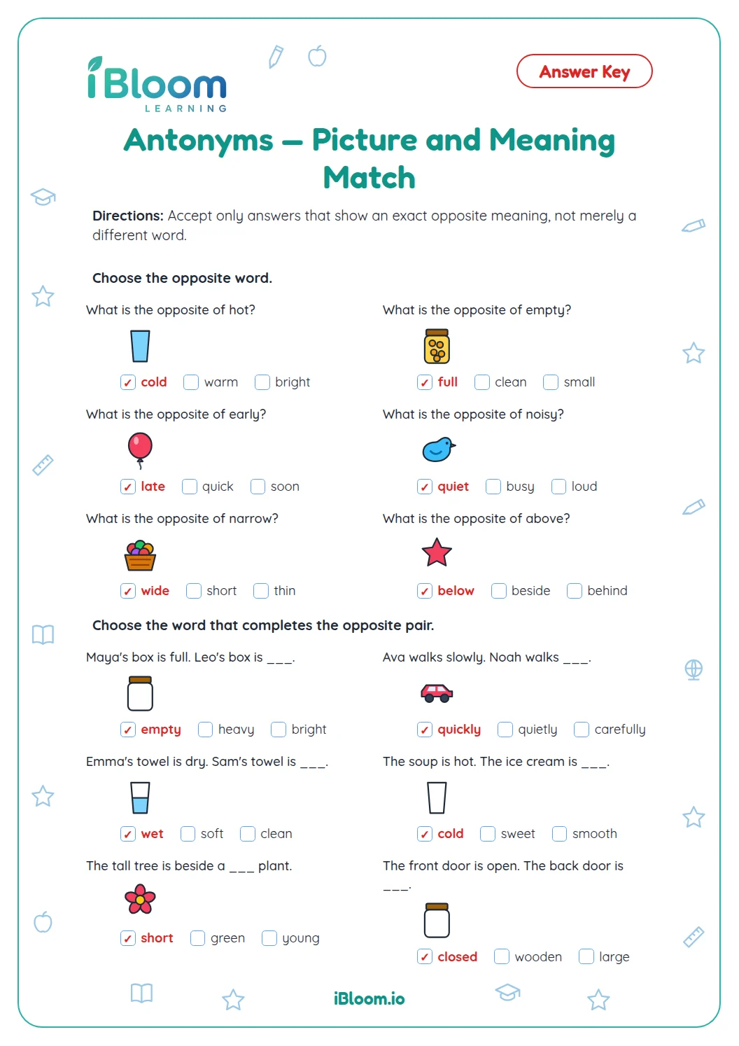 Antonyms — Picture and Meaning Match Worksheet | iBloom