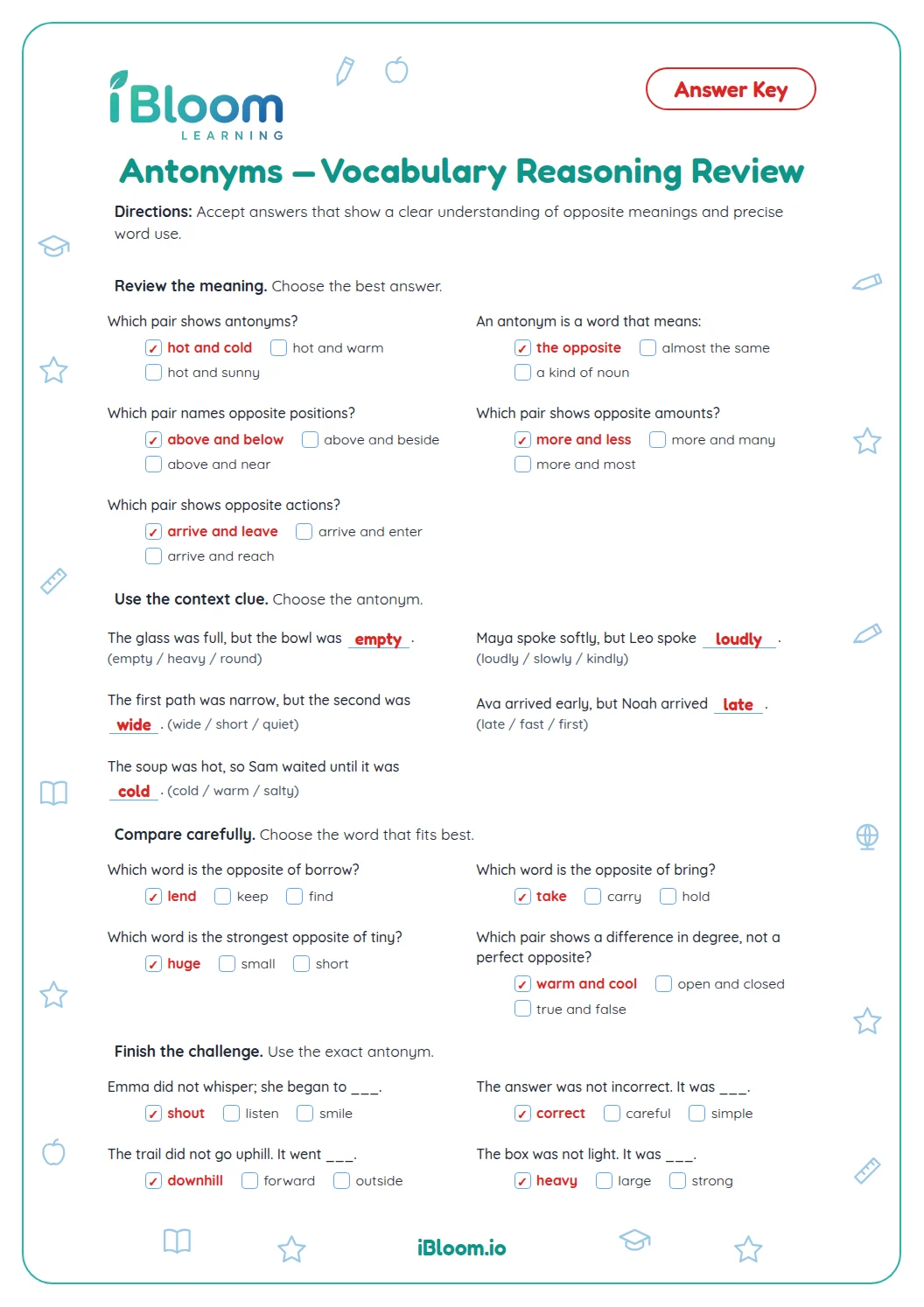 Antonyms — Vocabulary Reasoning Review Worksheet | iBloom