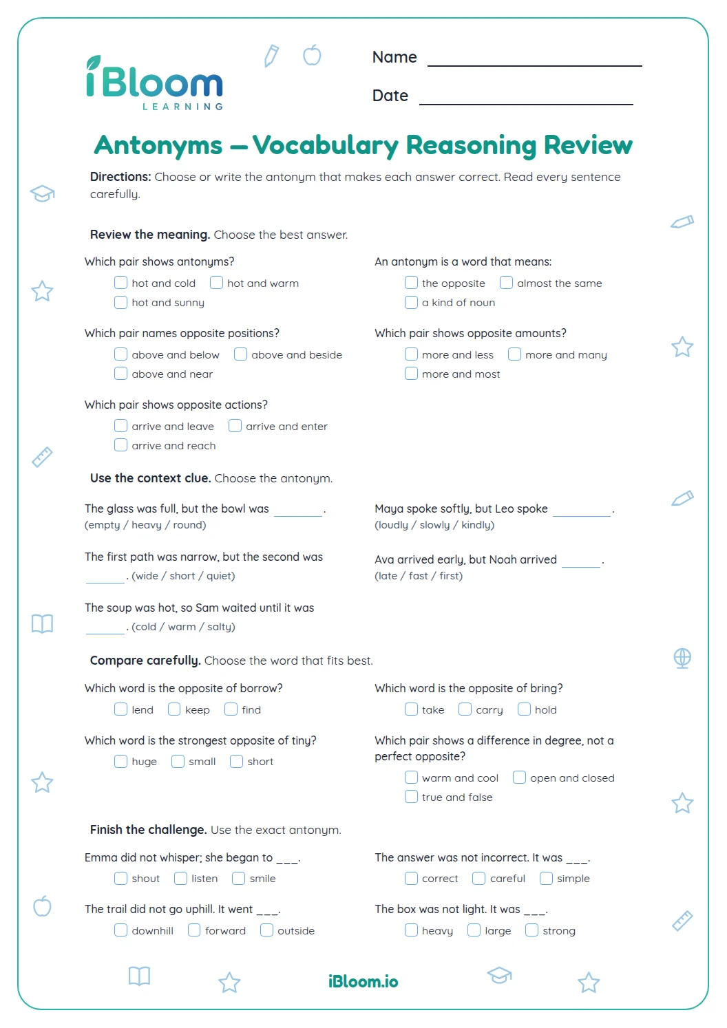 Antonyms — Vocabulary Reasoning Review Worksheet | iBloom