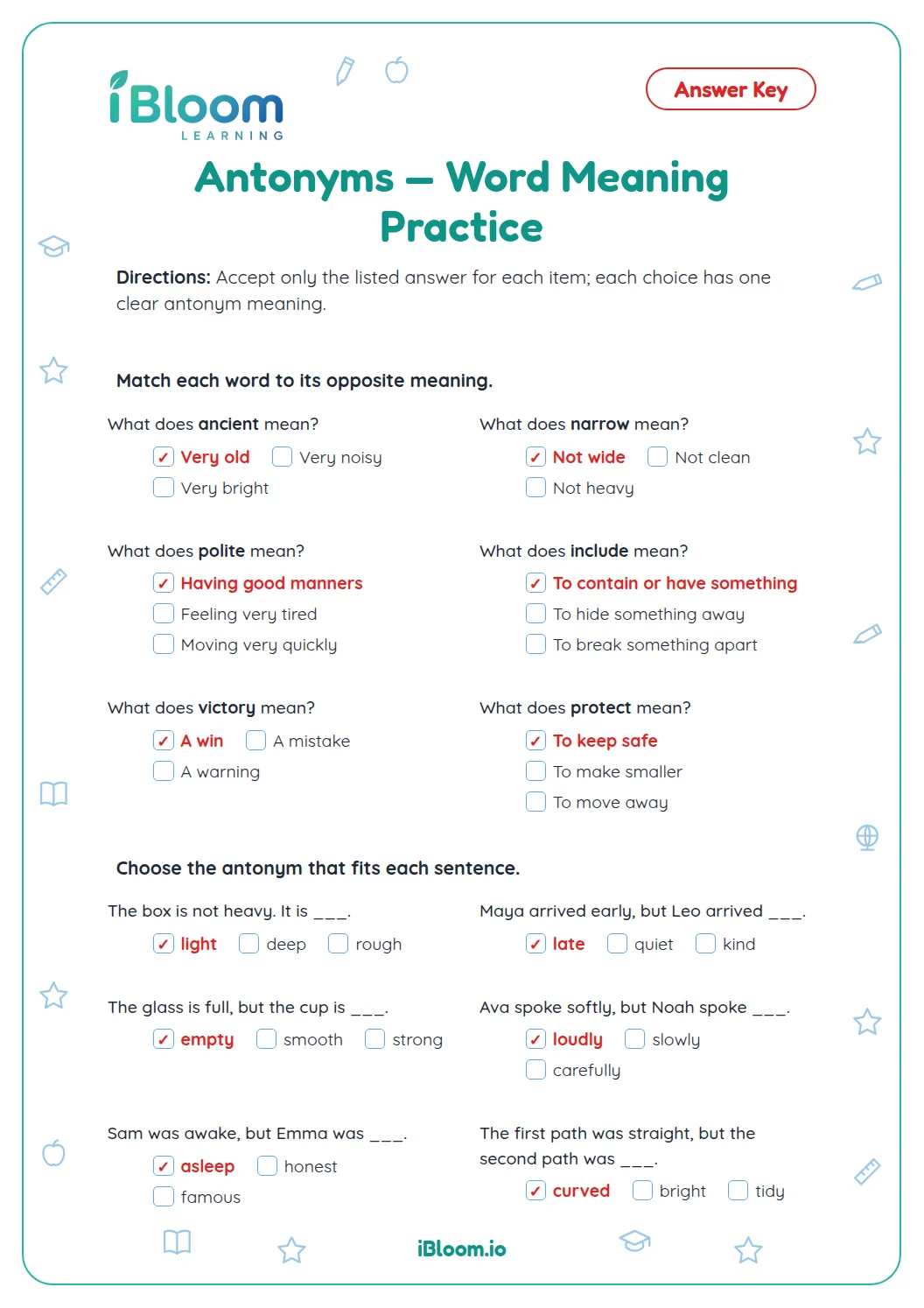 Antonyms — Word Meaning Practice Worksheet | iBloom