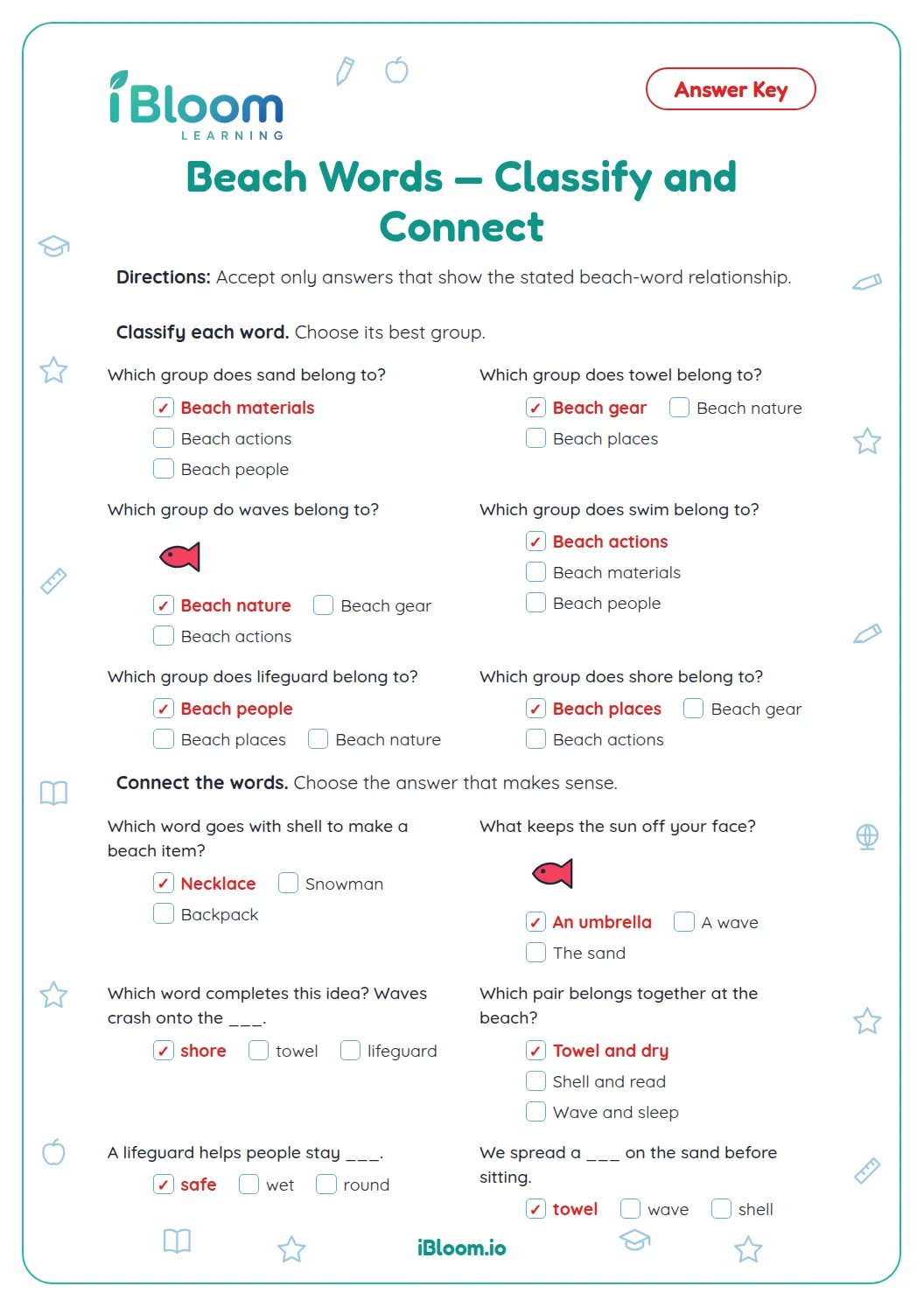 Beach Words — Classify and Connect Worksheet | iBloom