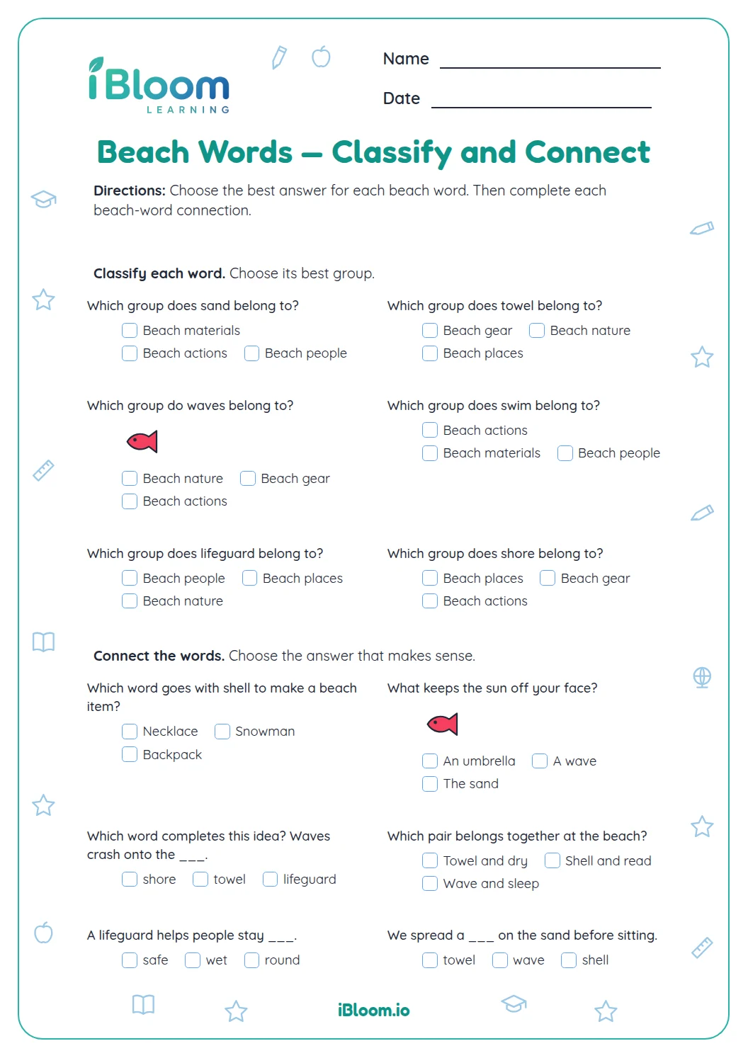 Beach Words — Classify and Connect Worksheet | iBloom