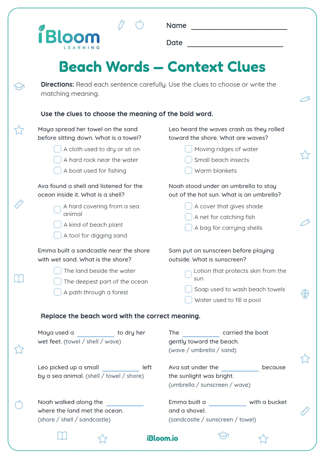 Beach Words — Vocabulary Reasoning Review Worksheet | iBloom
