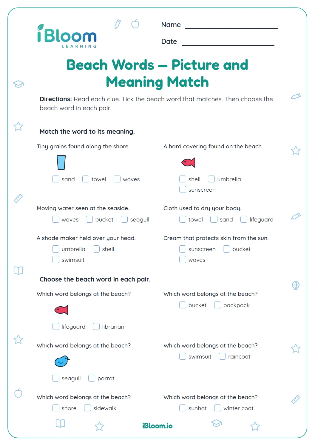 Beach Words — Picture and Meaning Match Worksheet | iBloom