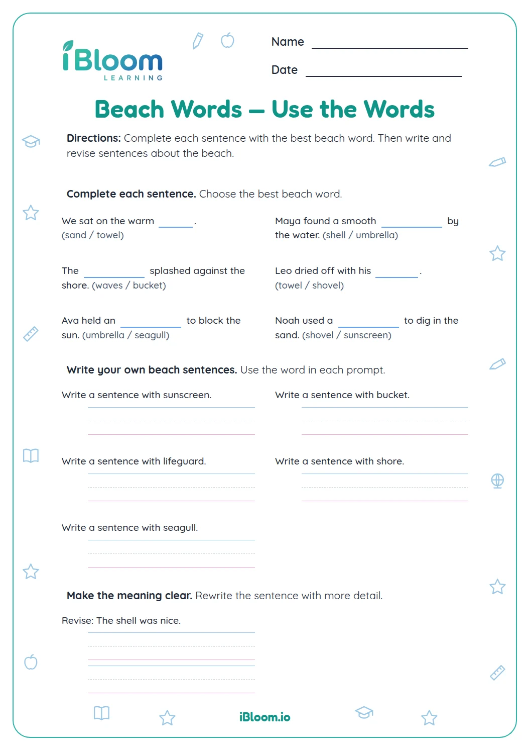 Beach Words — Vocabulary Reasoning Review Worksheet | iBloom