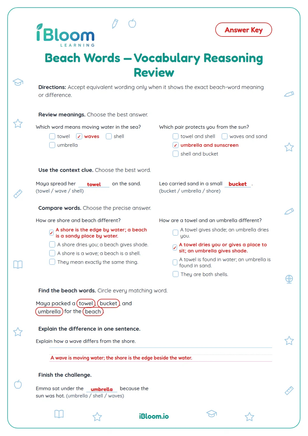 Beach Words — Vocabulary Reasoning Review Worksheet | iBloom