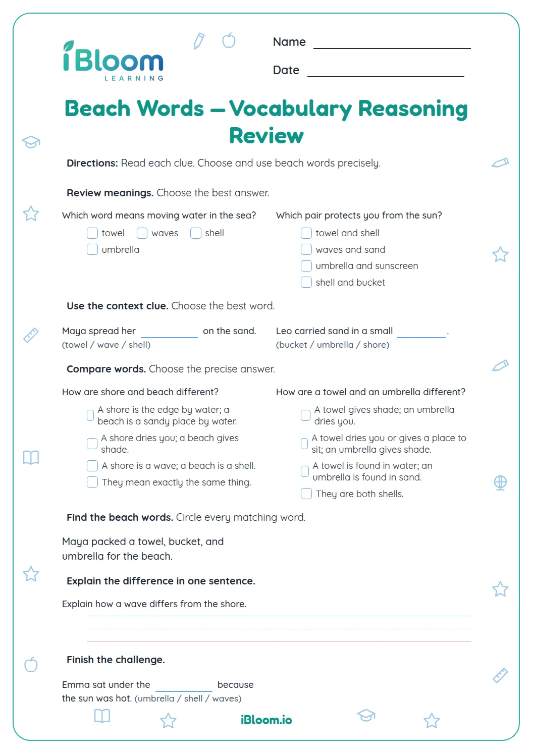 Beach Words — Vocabulary Reasoning Review Worksheet | iBloom
