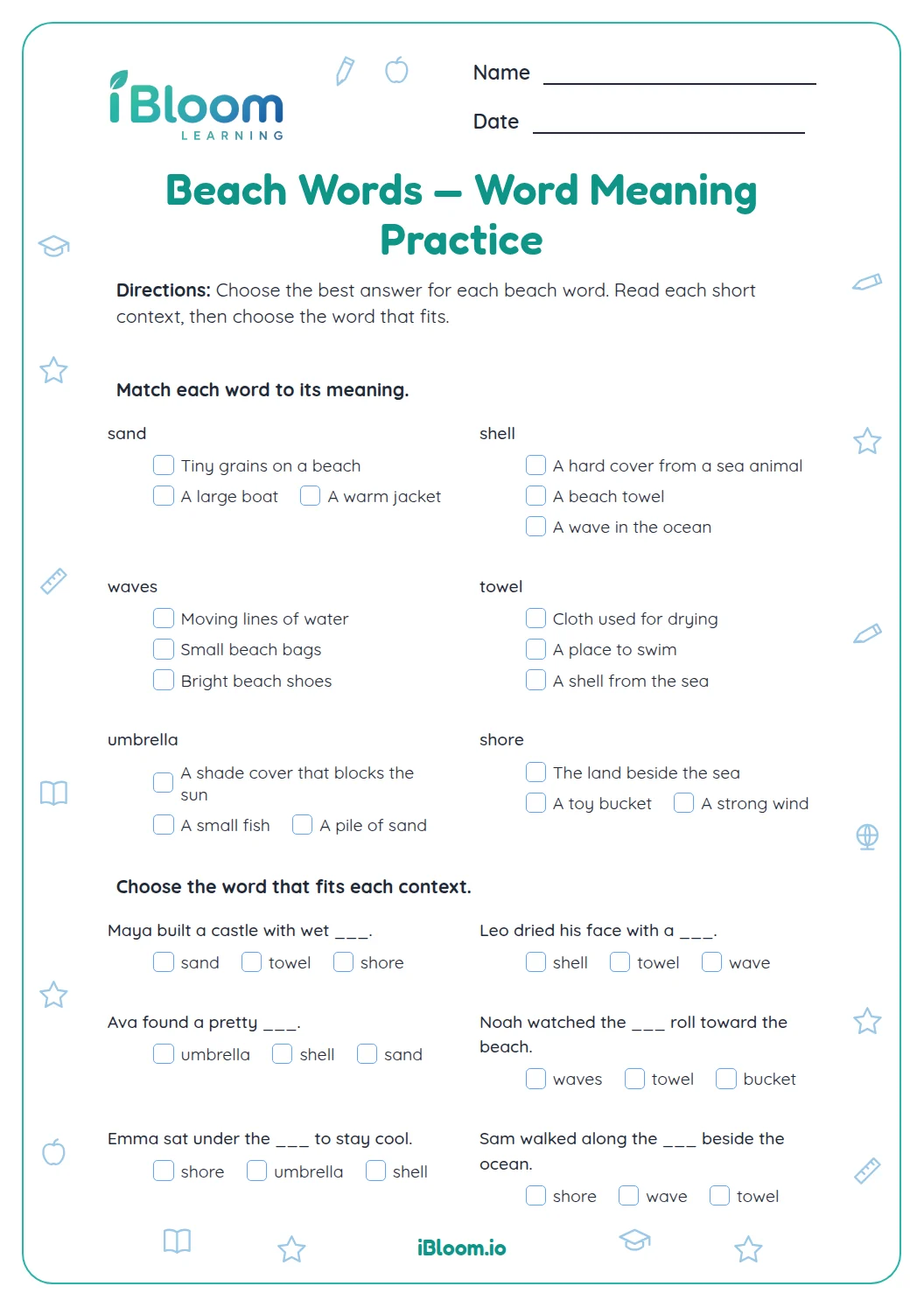 Beach Words — Picture and Meaning Match Worksheet | iBloom
