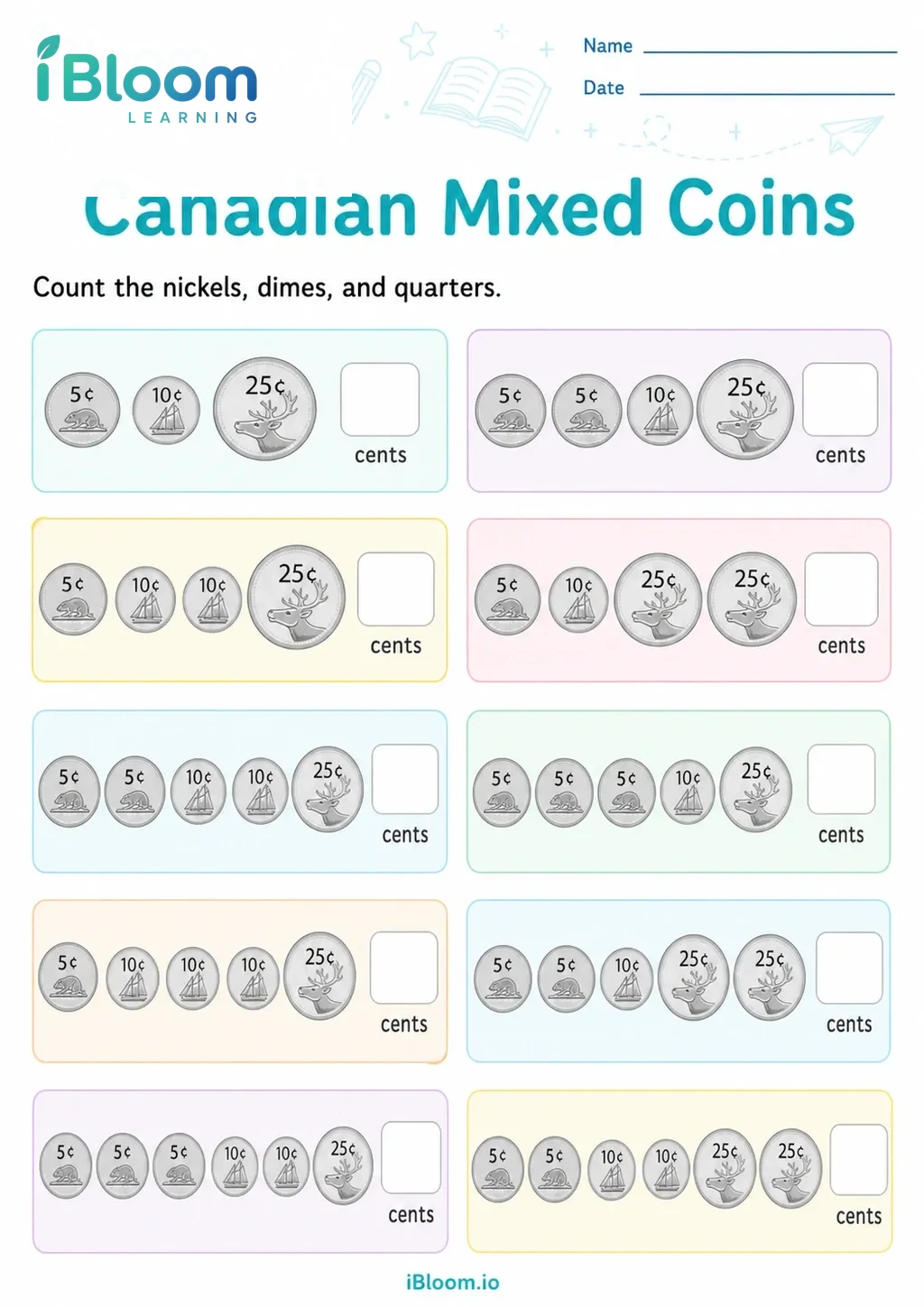 Canadian Mixed Coins worksheet preview with correct iBloom logo