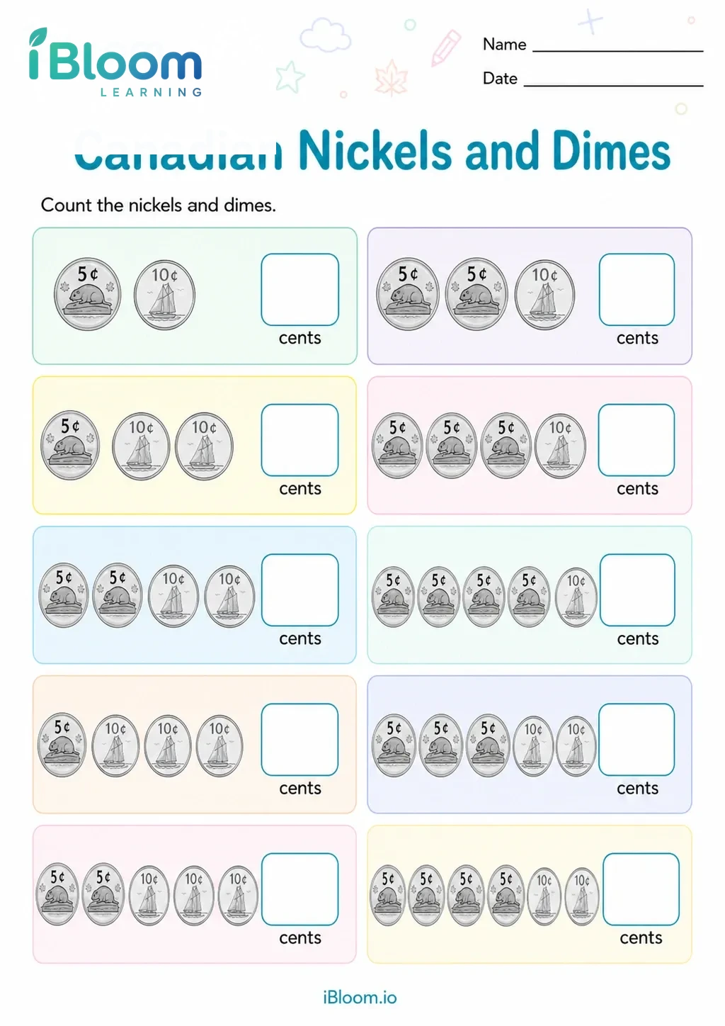 Canadian Nickels and Dimes worksheet preview with correct iBloom logo