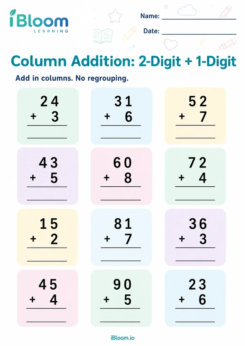 Column Addition: 2-Digit + 1-Digit worksheet preview with correct iBloom logo