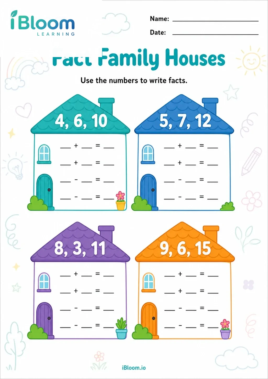 Fact Family Houses worksheet preview with correct iBloom logo