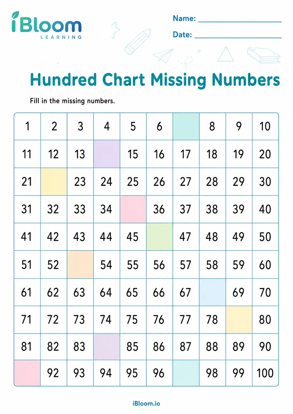 Preview page 1 of Hundred Chart Missing Numbers