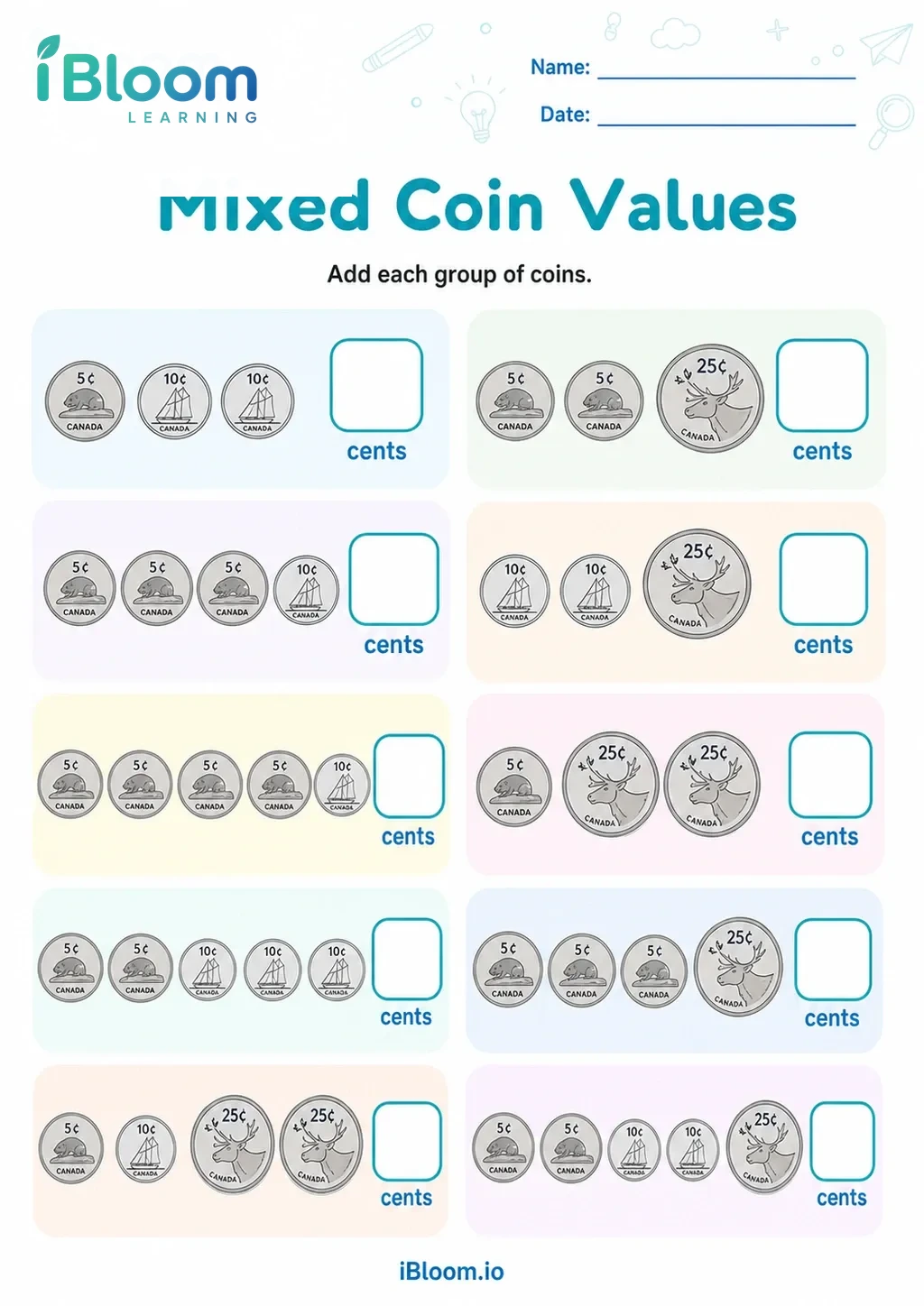 Preview of Mixed Coin Values worksheet
