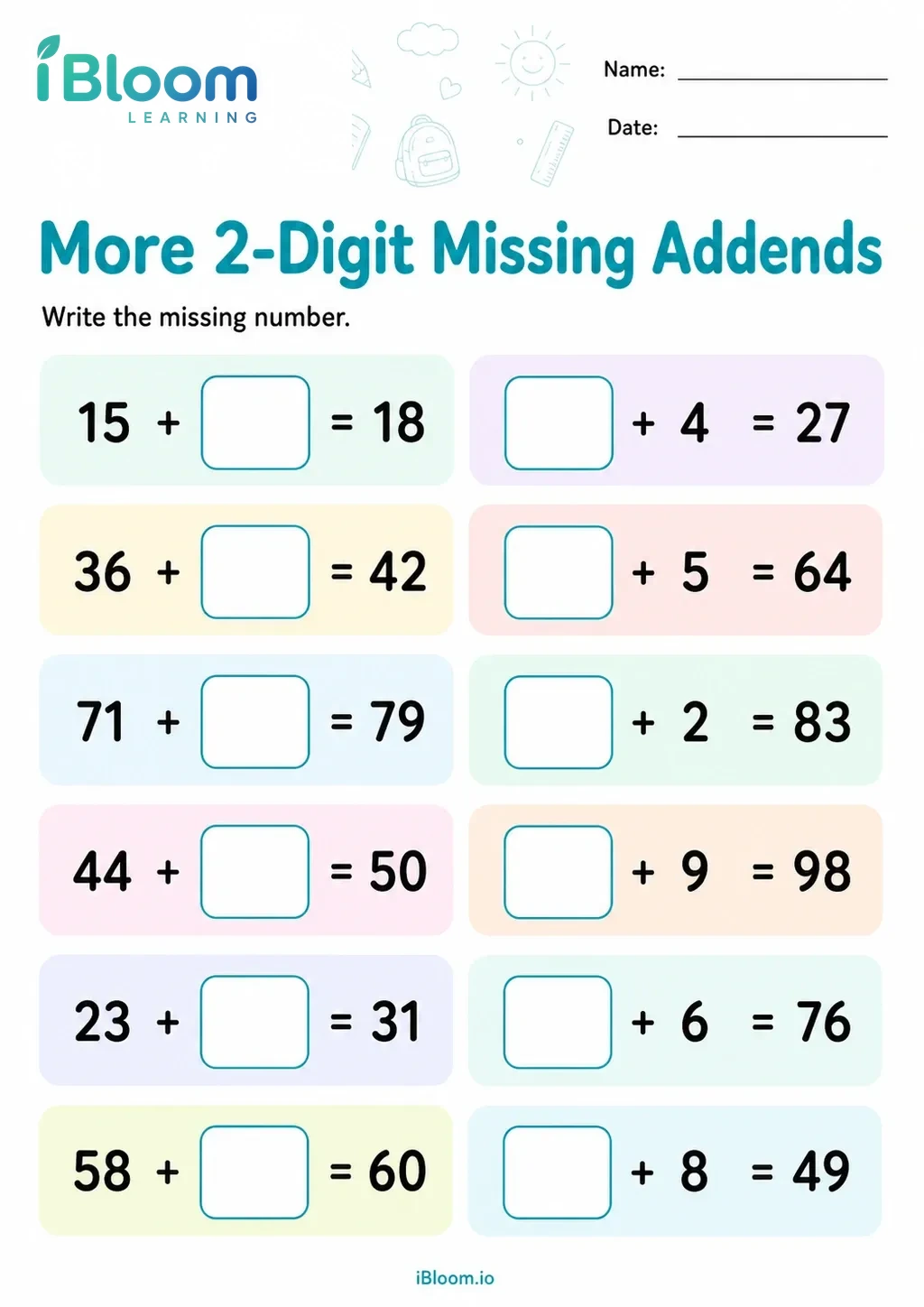 Preview page 1 of More 2-Digit Missing Addends