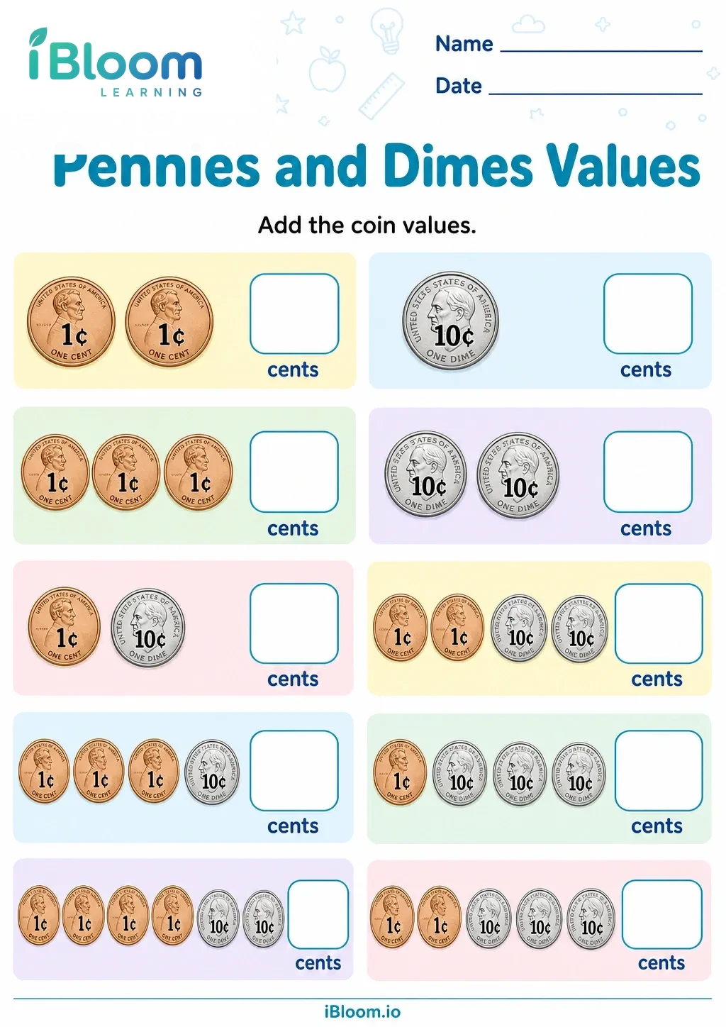 Preview page 1 of Pennies and Dimes Values