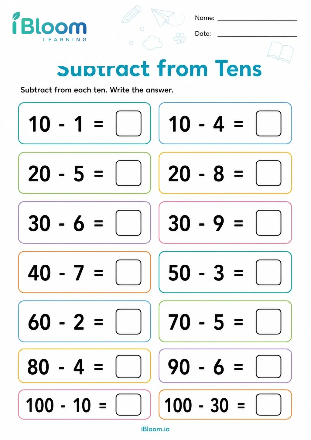 Preview page 1 of Subtract from Tens