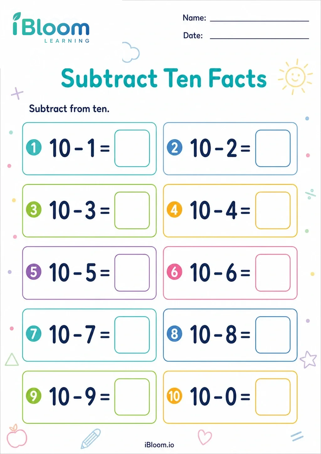 Preview page 1 of Subtract Ten Facts