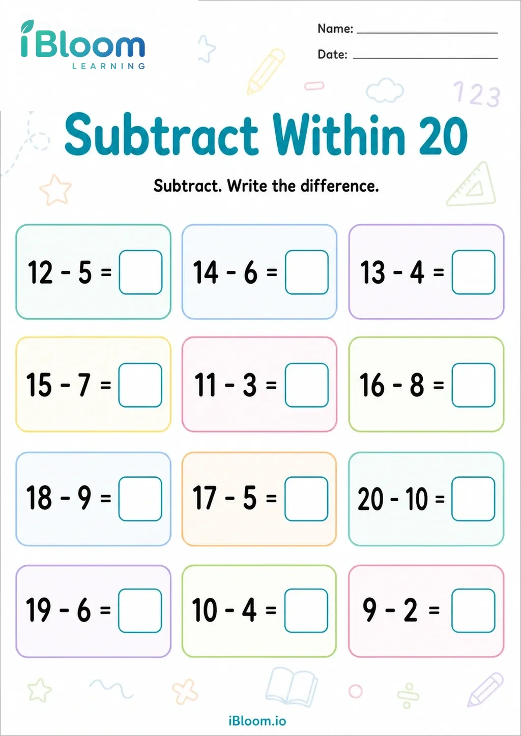 Preview page 1 of Subtract Within 20