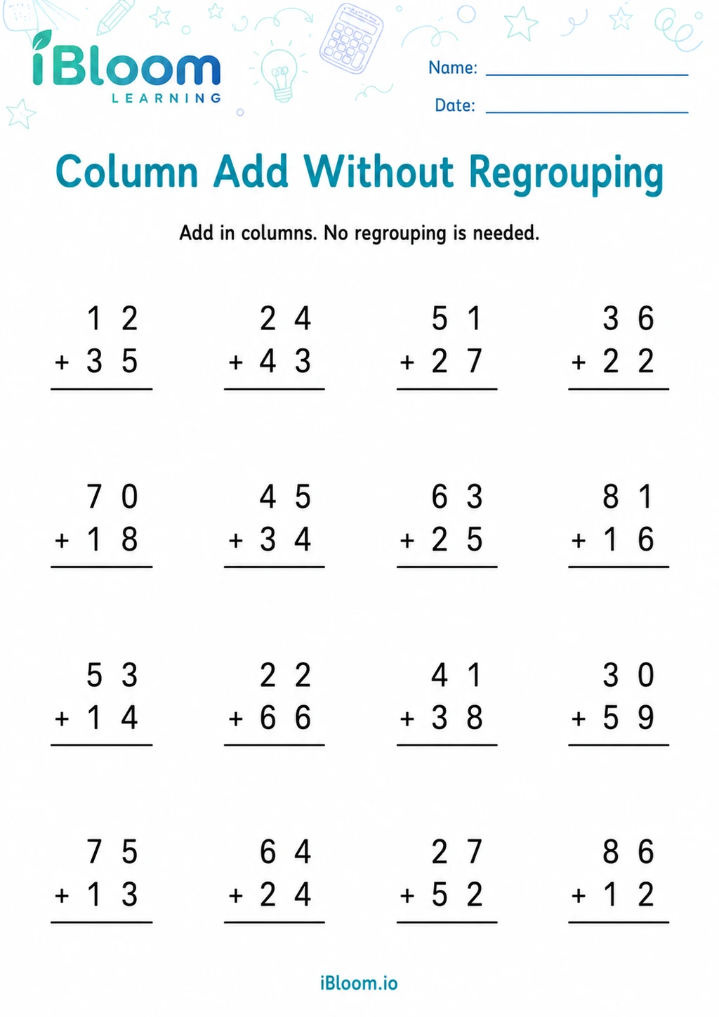 Preview page 1 of Column Add Without Regrouping
