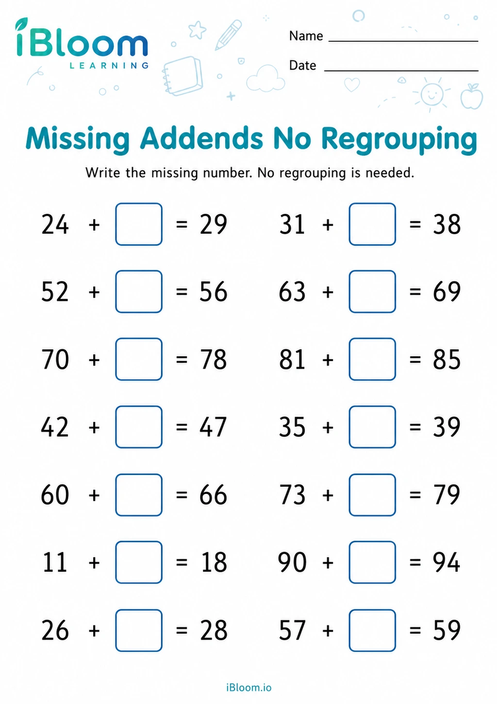 Preview page 1 of Missing Addends No Regrouping
