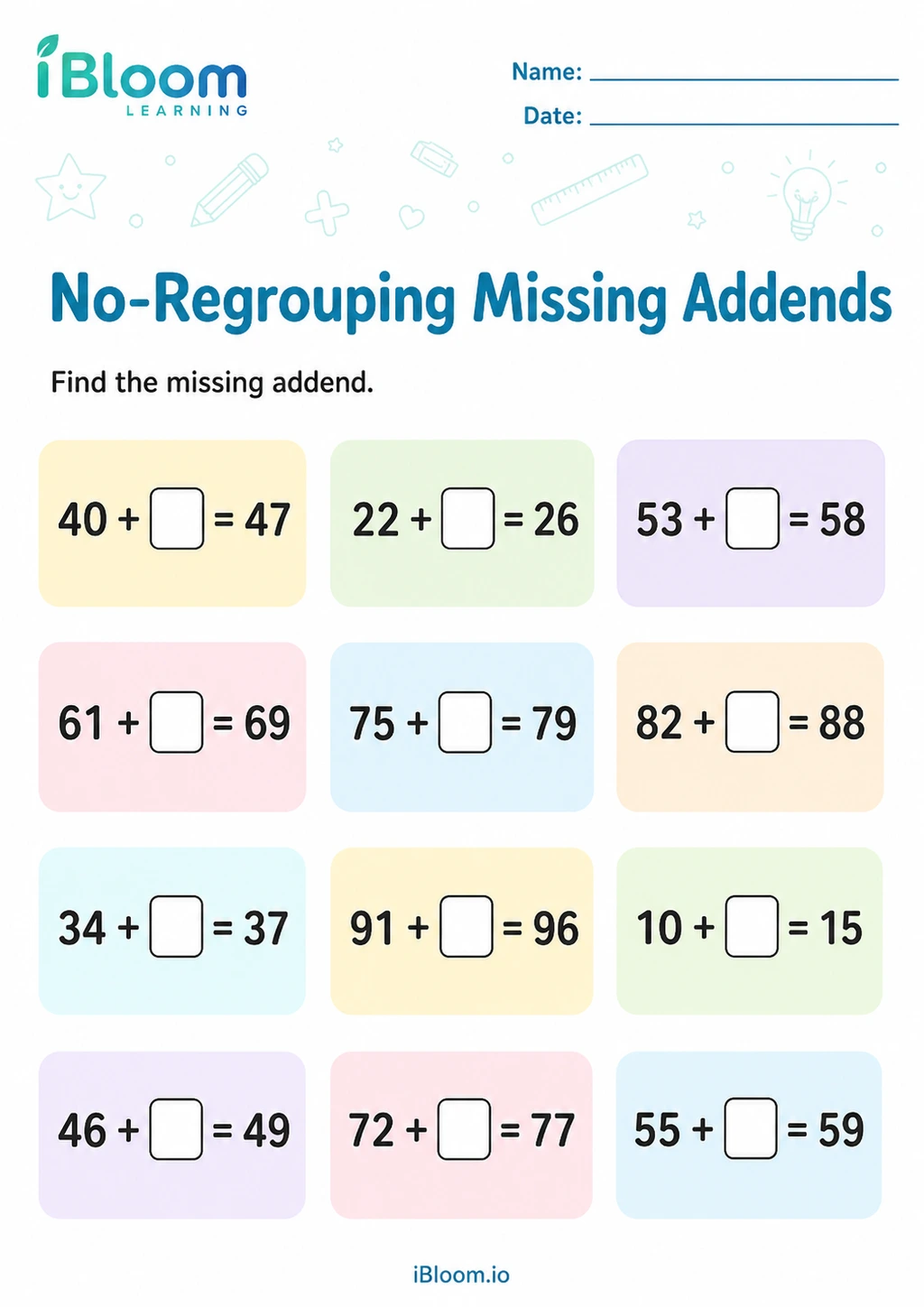 Preview page 1 of No-Regrouping Missing Addends