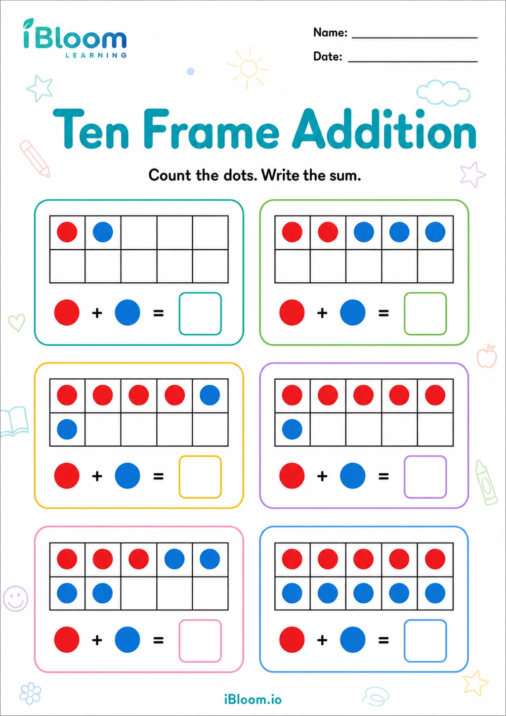 Ten Frame Addition printable Kindergarten addition worksheet preview