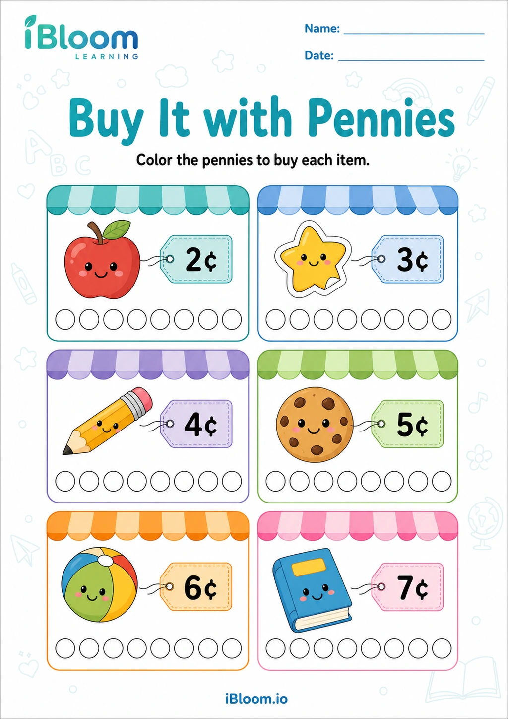 Buy It with Pennies printable Kindergarten money worksheet preview
