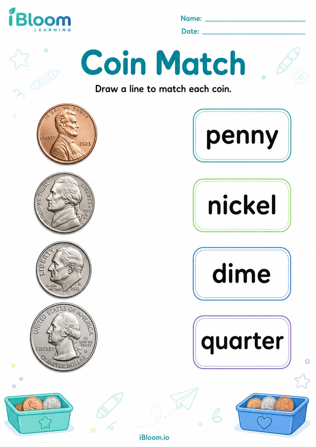 Coin Match printable Kindergarten money worksheet preview