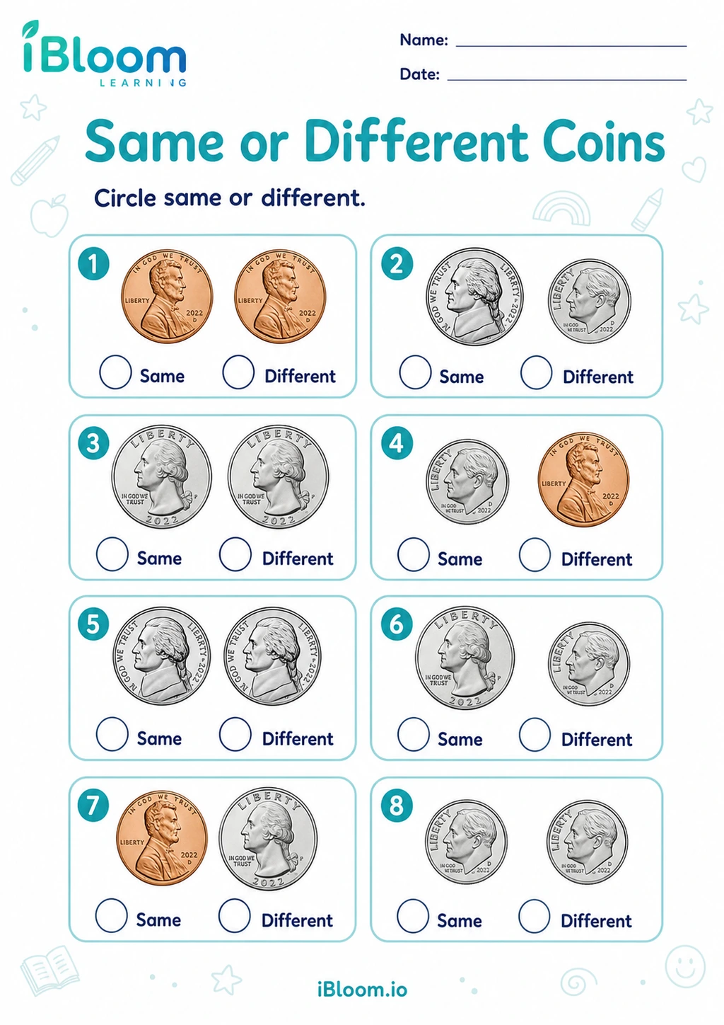 Same or Different Coins printable Kindergarten money worksheet preview