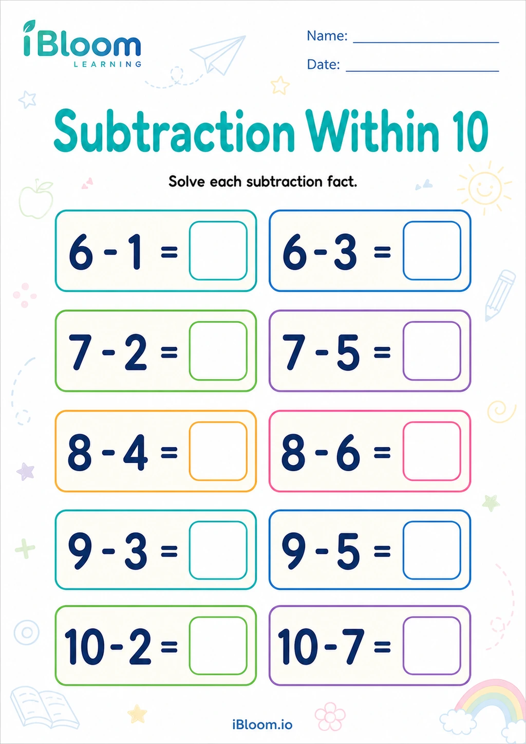 Subtraction Within 10 printable Kindergarten subtraction worksheet preview