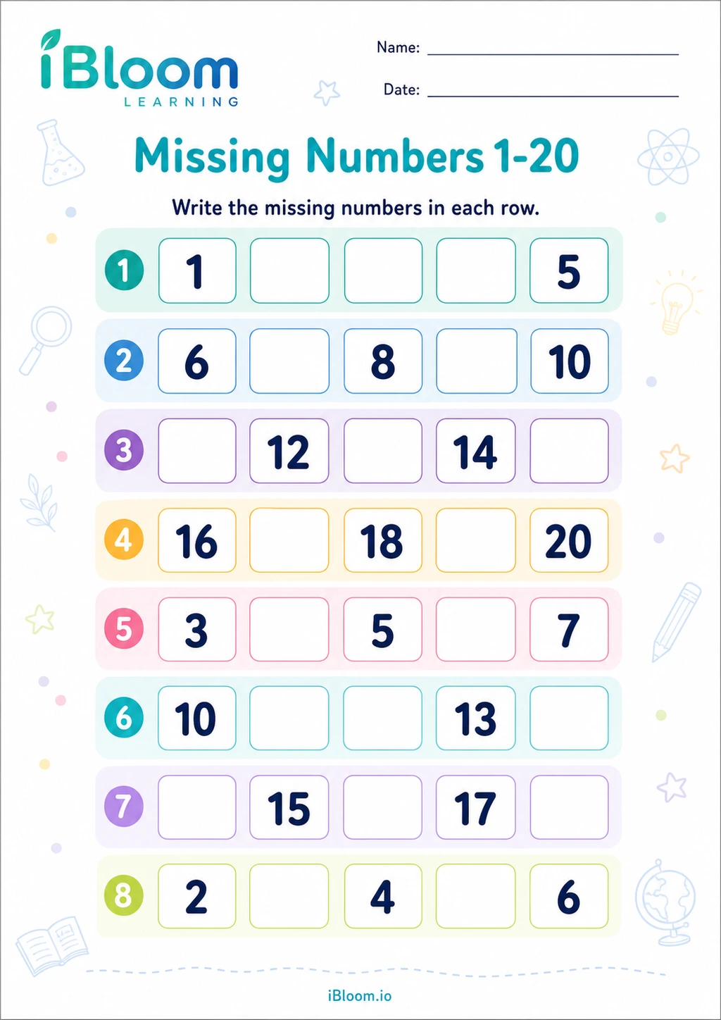 Missing Numbers 1-20 colorful A4 Kindergarten learning numbers worksheet preview