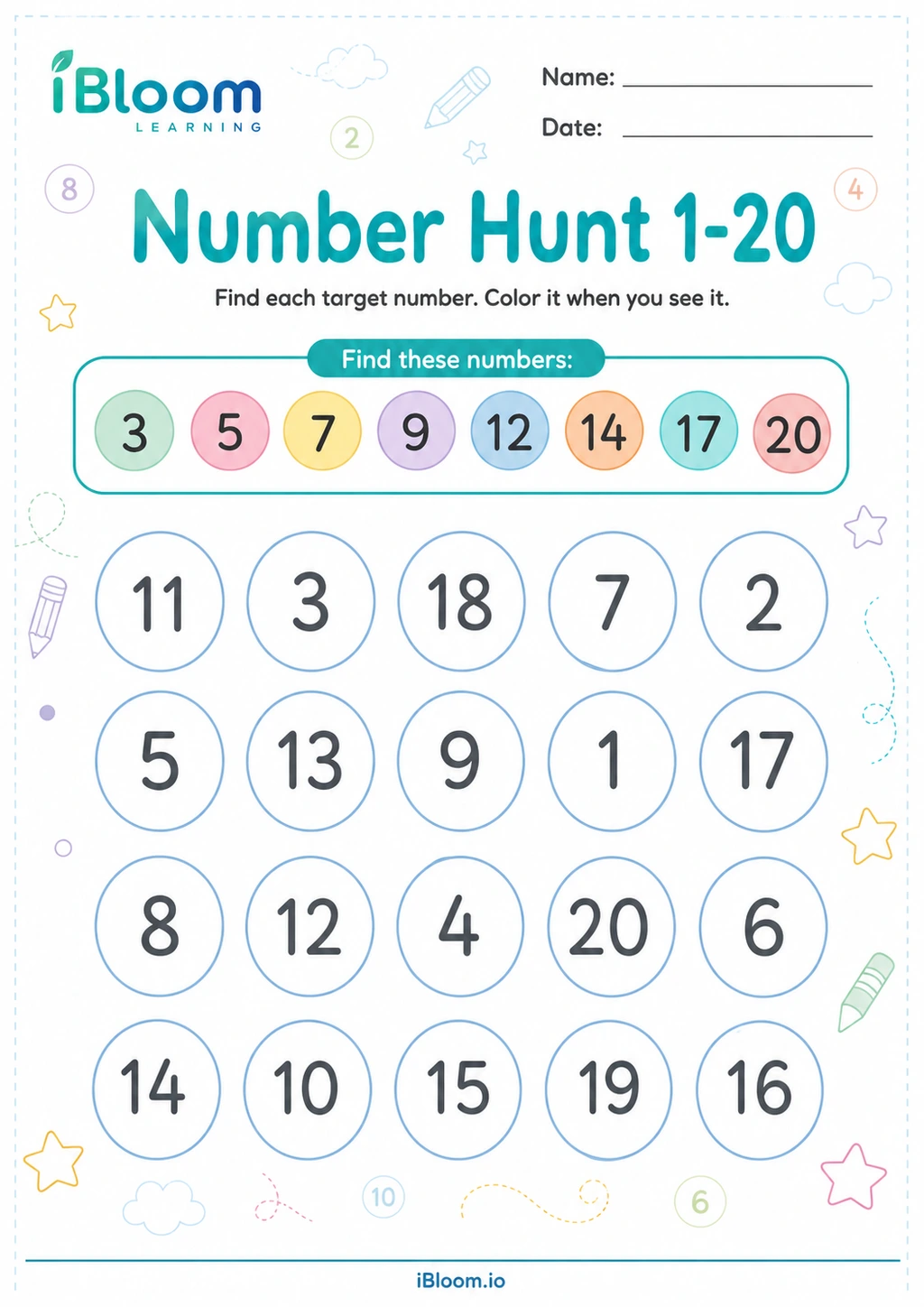 Preview of Number Hunt 1-20 worksheet