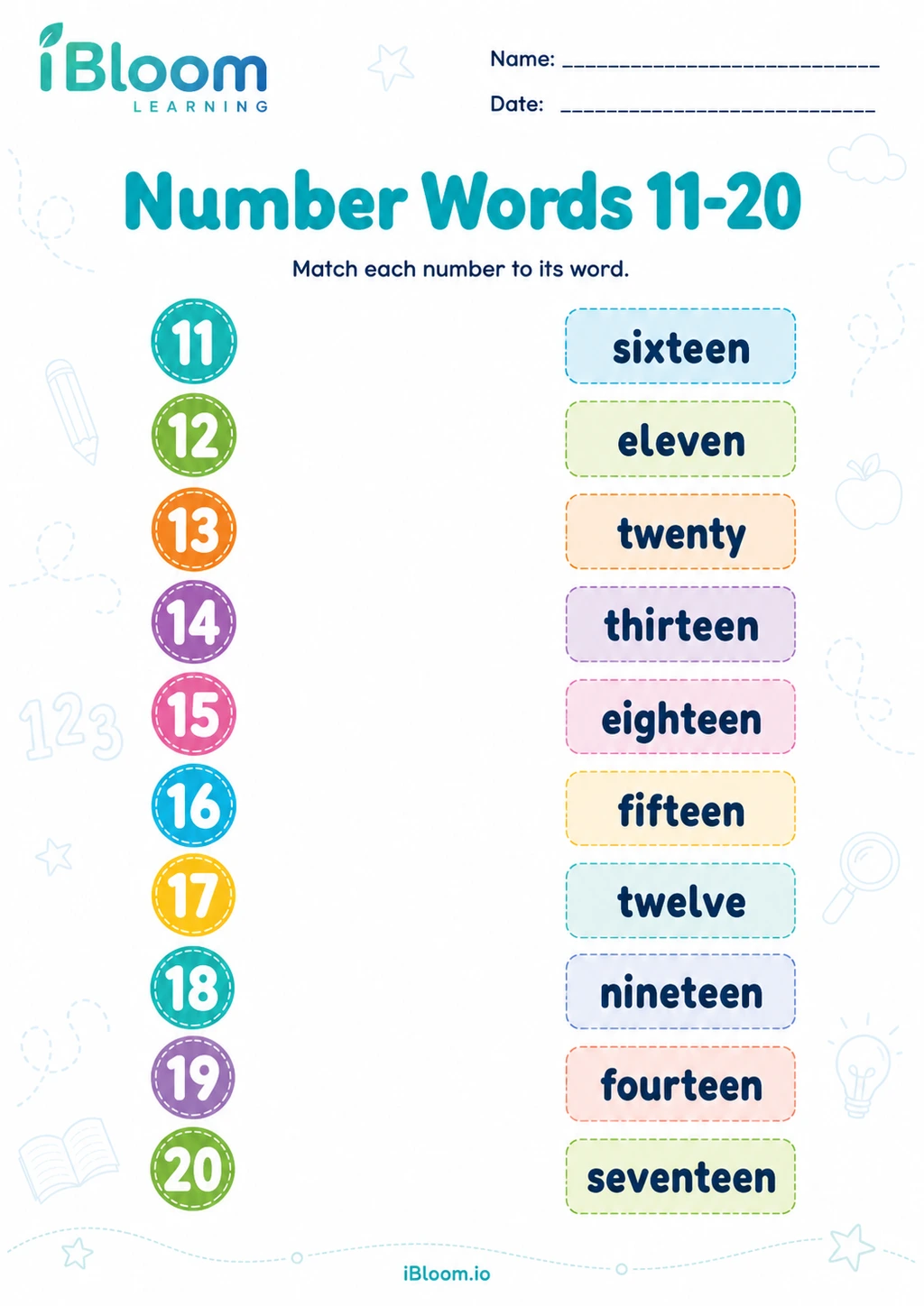Preview page 1 of Number Words 11-20