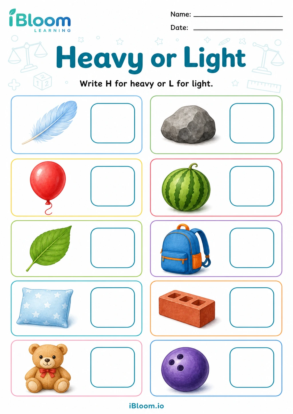 Heavy or Light printable Kindergarten measurement worksheet preview