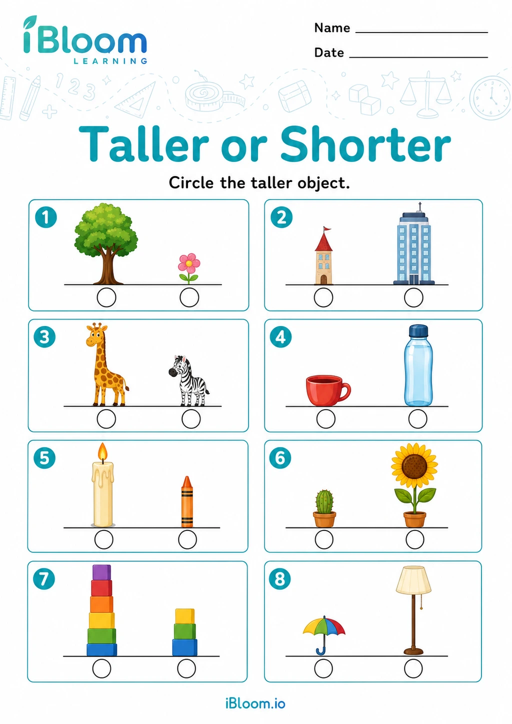 Taller or Shorter printable Kindergarten measurement worksheet preview