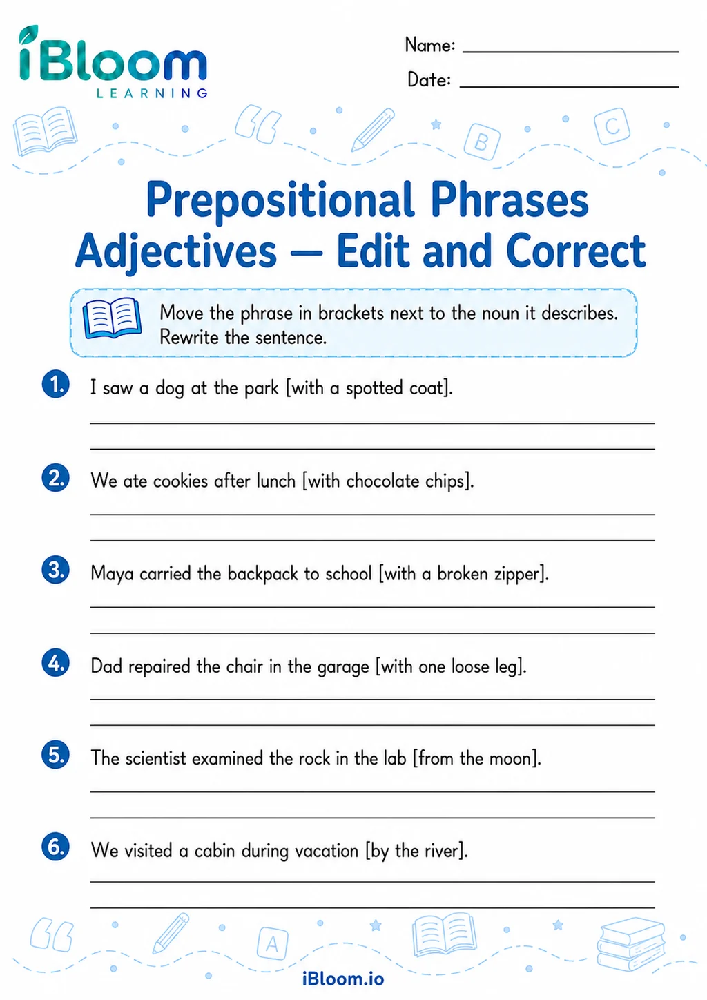Preview page 1 of Prepositional Phrases Adjectives — Edit and Correct
