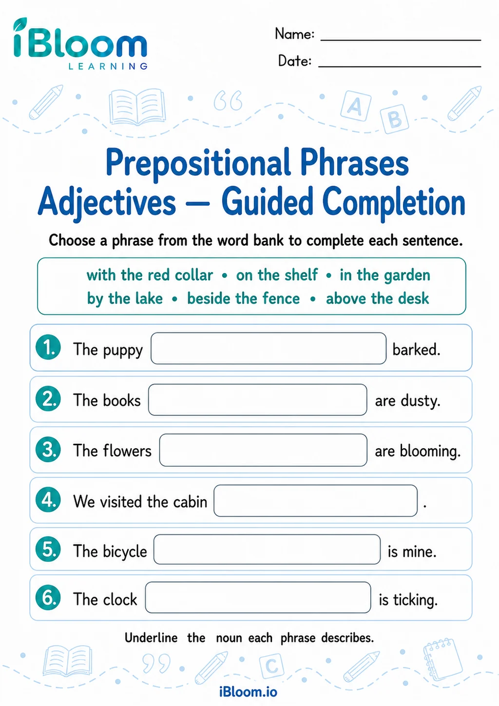 Prepositional Phrases Adjectives — Guided Completion printable Grade 4 worksheet preview