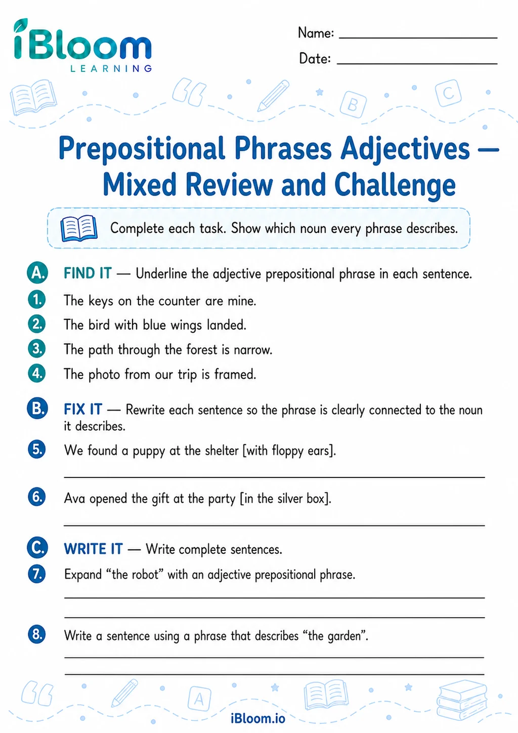 Preview page 1 of Prepositional Phrases Adjectives — Mixed Review and Challenge