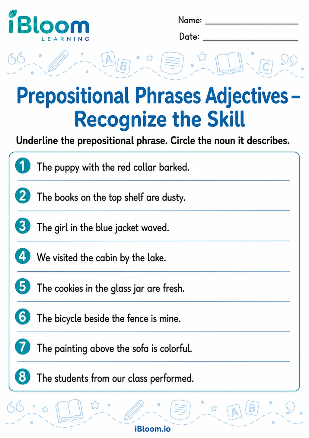 Preview of Prepositional Phrases Adjectives — Recognize the Skill worksheet