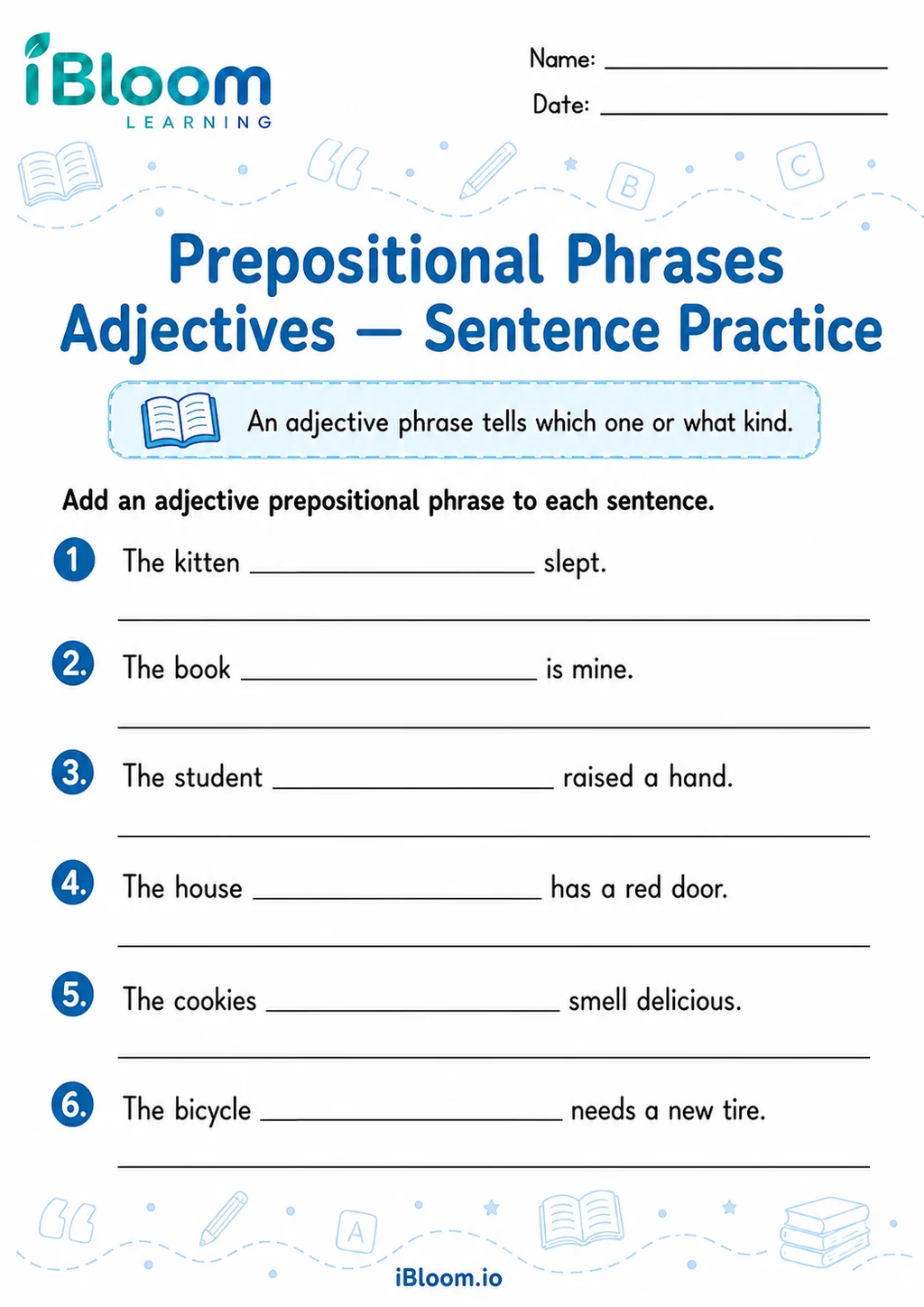 Preview of Prepositional Phrases Adjectives — Sentence Practice worksheet