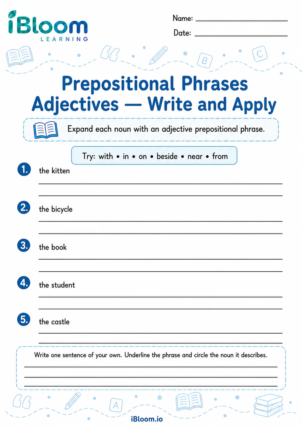 Preview page 1 of Prepositional Phrases Adjectives — Write and Apply
