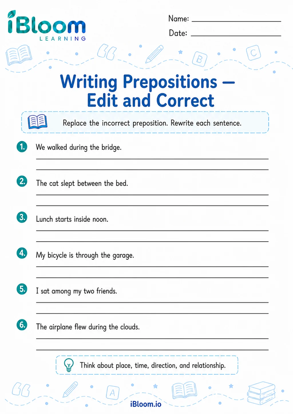 Preview page 1 of Writing Prepositions — Edit and Correct